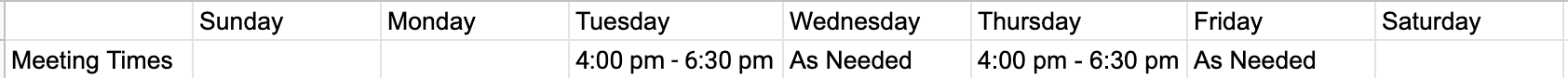 Fall 2022 tutoring schedule