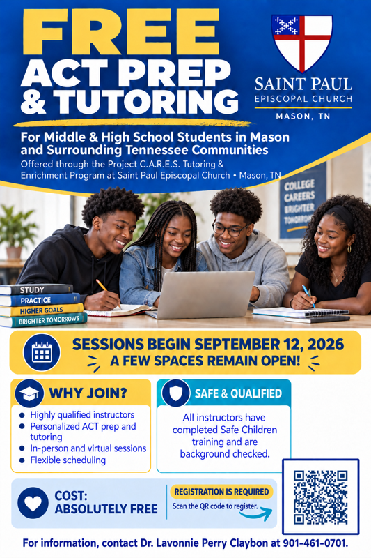 Free ACT Prep & Tutoring flyer – Project C.A.R.E.S., sessions begin September 12, 2026
