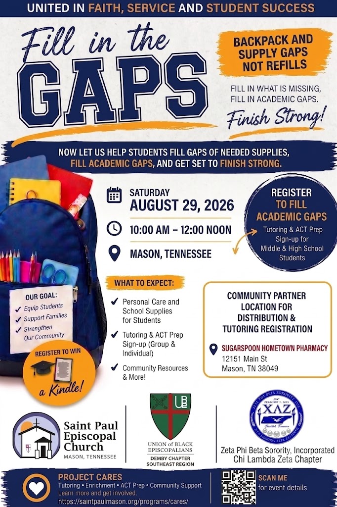 Fill in the GAPS flyer – Project CARES community outreach event, August 29, 2026